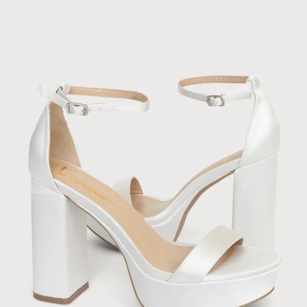 Lulu's Arrabella White Satin Platform Heels